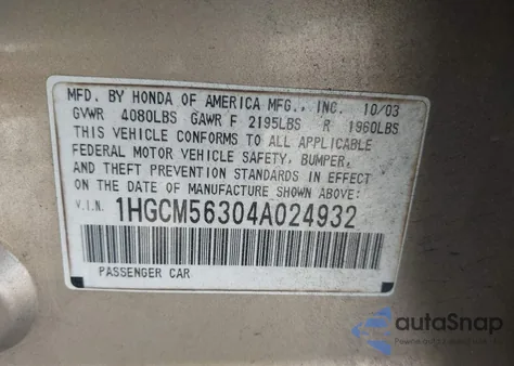 2004 Honda Accord 2.4 Lx from USA, damaged, VIN 1HGCM56304A024932